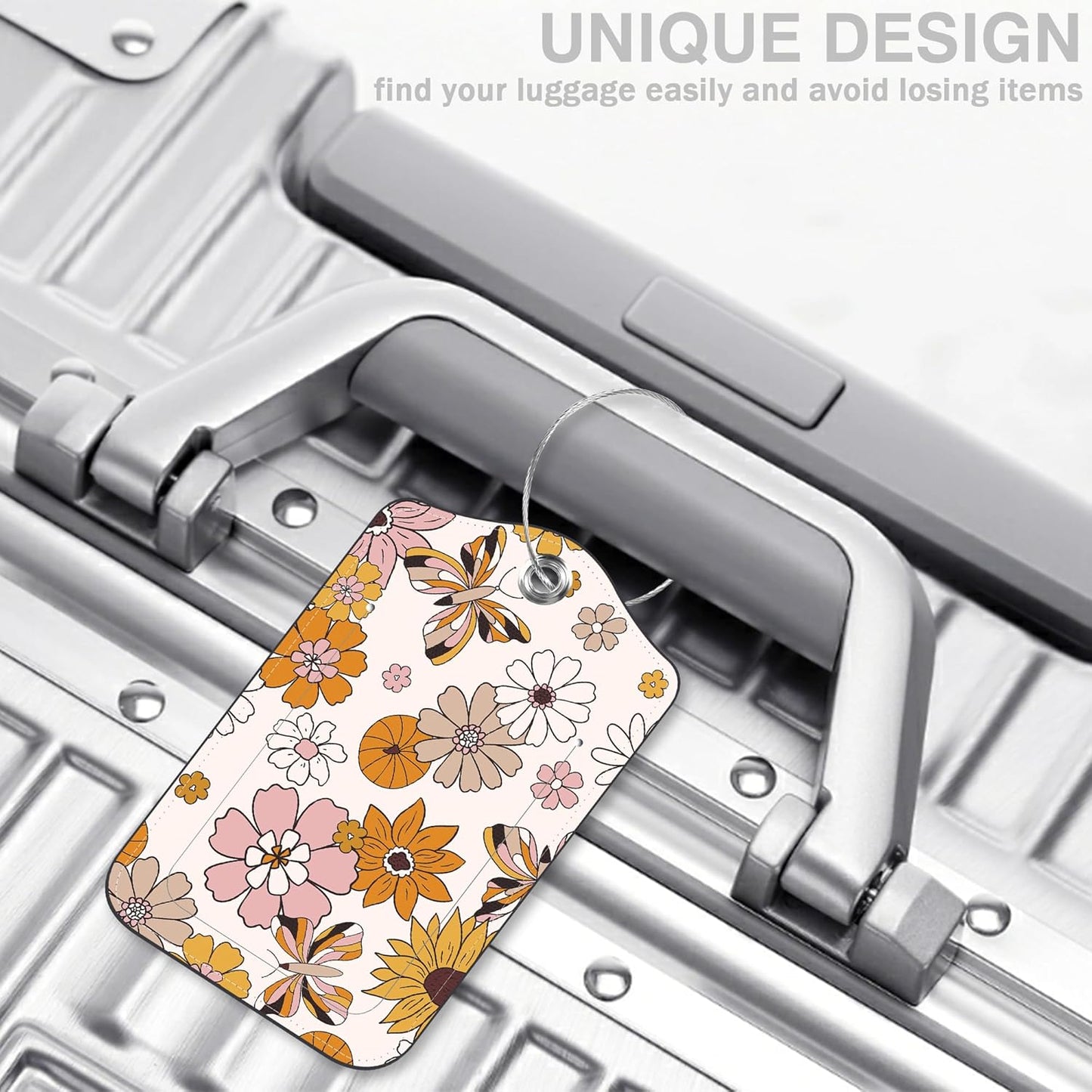 2 Pack Luggage Tags for Suitcases Retro Groovy Flowers and Butterfly Leather Luggage Tags Privacy Cover ID Label with Stainless Steel Loop and Address Card for Women Men Travel Bag Backpack