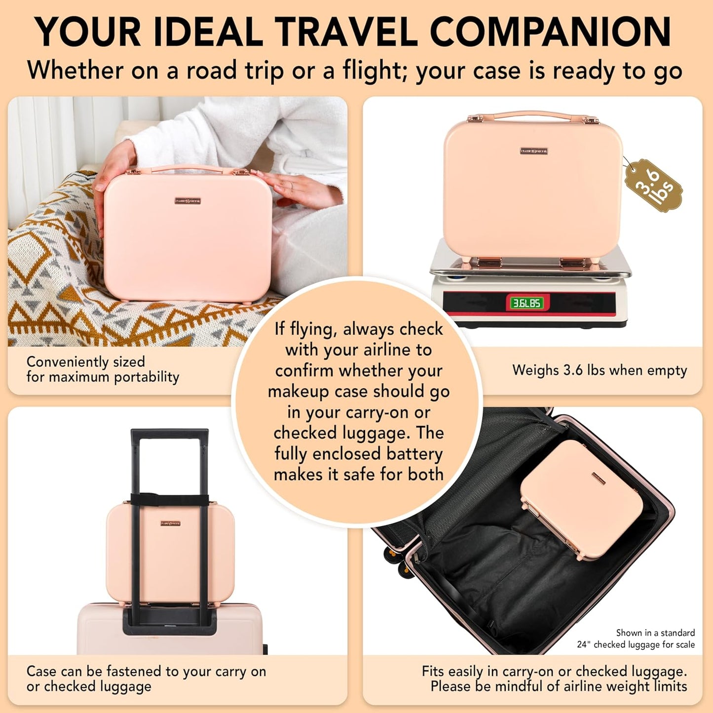 Lighted Makeup Case with Mirror - Standard Size 11.4" x 9" - Travel Makeup Case With Mirror - Rechargeable LED Travel Vanity Case with Adjustable Brightness - Train Case Makeup Bag - Pink