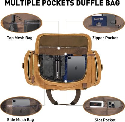 60L Travel Bags for Men, Nomad Canvas Duffle Bag Vintage Genuine Leather Travel Duffel Bag Multifunctional Weekender Overnight Backpack with Shoes Compartment (Coffee, X Large-60L)