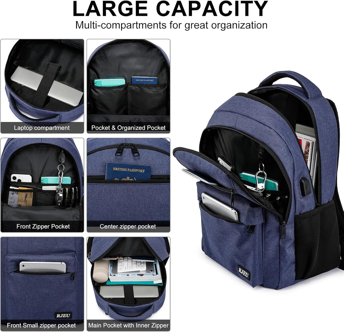 Laptop Backpack for Men Teens Boys, Water-Resistant 15.6 Inch College Bookbag with USB Charging Port, School Backpack for Students, Blue