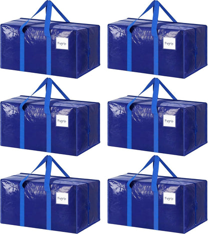 6 Pack Extra Heavy Duty Large Moving Bags with Strong Zipper & Comfortable Handles, Sturdy & Durable Clothes Storage Bags Totes Bins, Packing Moving Boxes for College Supplies, Blue