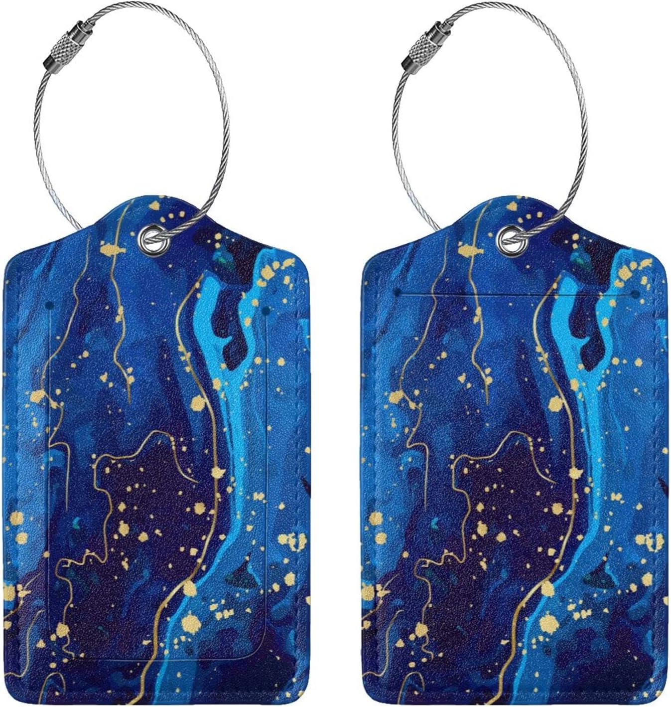 Blue and Gold Marble Luggage Tags with Full Back Privacy Cover Name ID Card Stainless Steel Loop Suitcase Labels Address Card PU Leather Baggage Tags Luggage for Women Men Travel