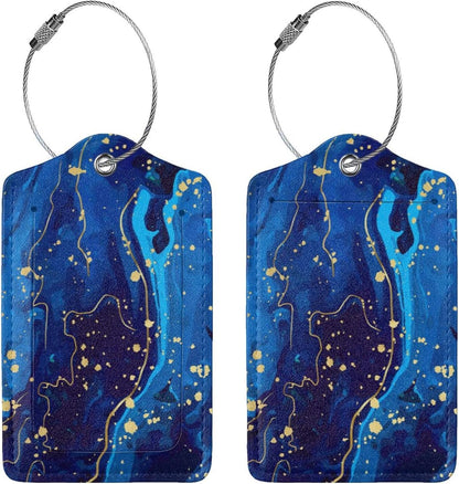 Blue and Gold Marble Luggage Tags with Full Back Privacy Cover Name ID Card Stainless Steel Loop Suitcase Labels Address Card PU Leather Baggage Tags Luggage for Women Men Travel