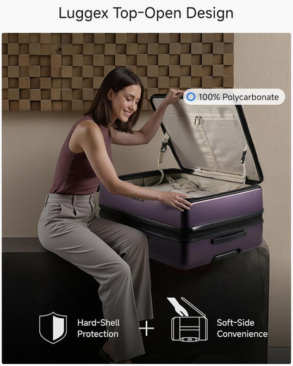 LUGGEX Checked Suitcase Top Opening, FLT Expandable Polycarbonate Hard Shell Suitcase with Wheels (FLO-Lite, Purple, 28 Inch, 105L-115L)