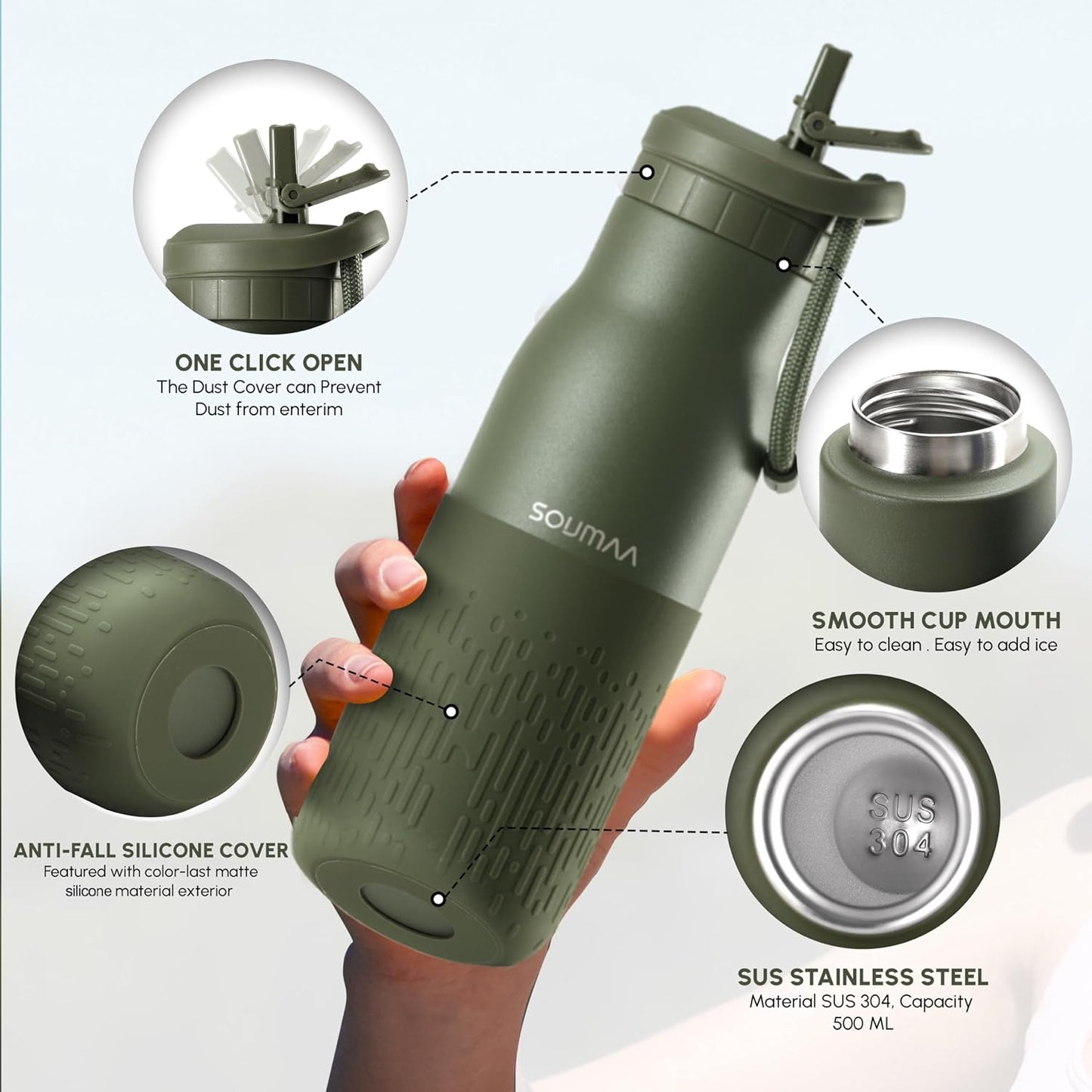 Insulated Stainless Steel Water Bottles with Straw, Wall Vacuum Insulated Water Bottle for Gym Traveling Camping Hiking Outdoor Activity(2 Cleaning Brushes+1 Carabiner, 18 oz Green)