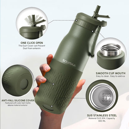 Insulated Stainless Steel Water Bottles with Straw, Wall Vacuum Insulated Water Bottle for Gym Traveling Camping Hiking Outdoor Activity(2 Cleaning Brushes+1 Carabiner, 18 oz Green)