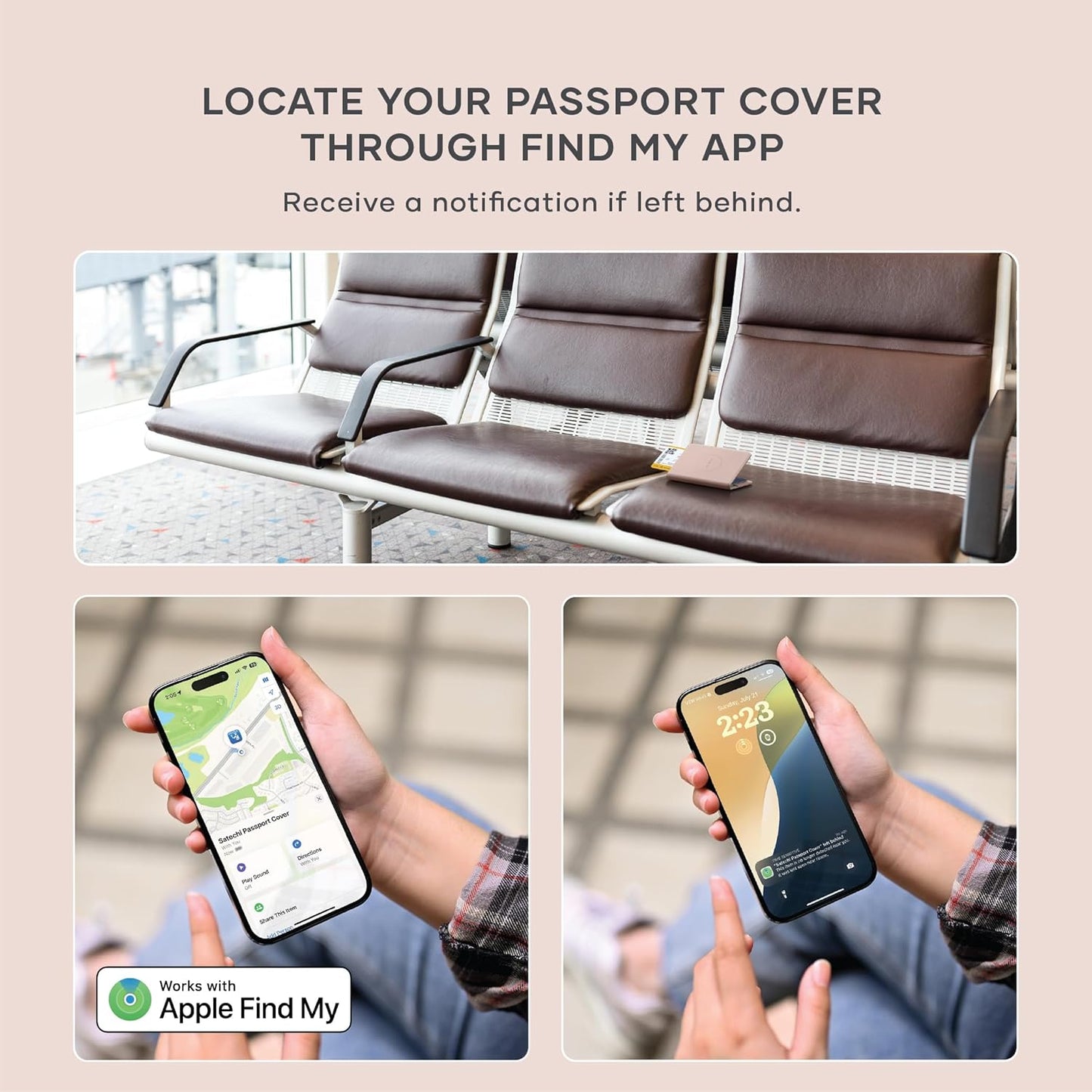 Satechi Passport Holder for Travel with Find My, Passport Cover with 4 Card Holder, Wireless Charging, and RFID protection – Travel Essential Vegan Leather Passport – Desert Rose