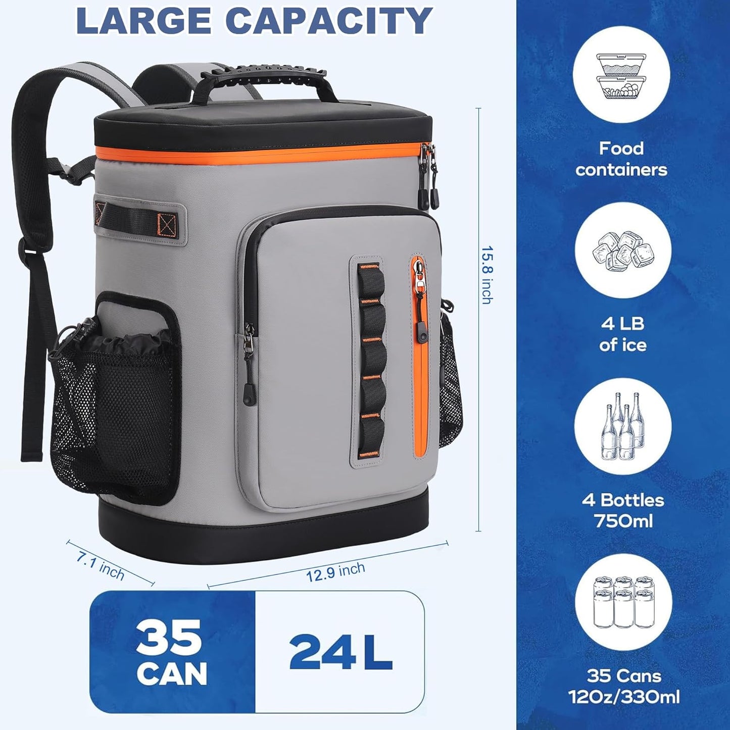 SUNUP 35 Cans Waterproof Cooler Backpack, Soft Insulated Leak Proof Backpack Cooler for Men Women, Large Capacity Ice Chest for Beach, Hiking, Camping, Travel, Outdoor, Grey