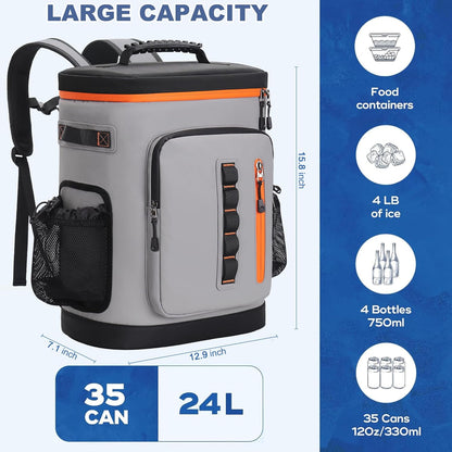 SUNUP 35 Cans Waterproof Cooler Backpack, Soft Insulated Leak Proof Backpack Cooler for Men Women, Large Capacity Ice Chest for Beach, Hiking, Camping, Travel, Outdoor, Grey