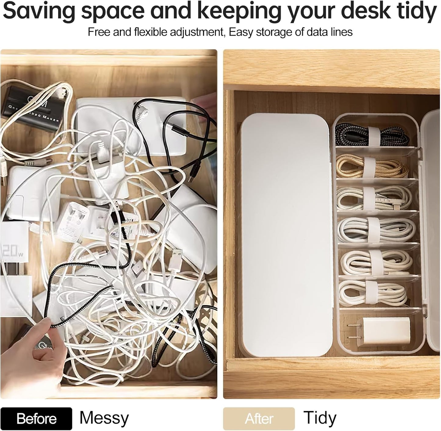 2 Pcs Cable Organizer Storage Box with 14 Wire Ties,Desktop Cable Management Box with Lid,Power Cord Organizer for Office,Home,Desk Accessories Storage Stationery Supplies White