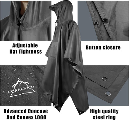 Coralrain Hooded Rain Poncho Lightweight Waterproof Unisex Raincoat Jacket with Pocket for Men Women Adult