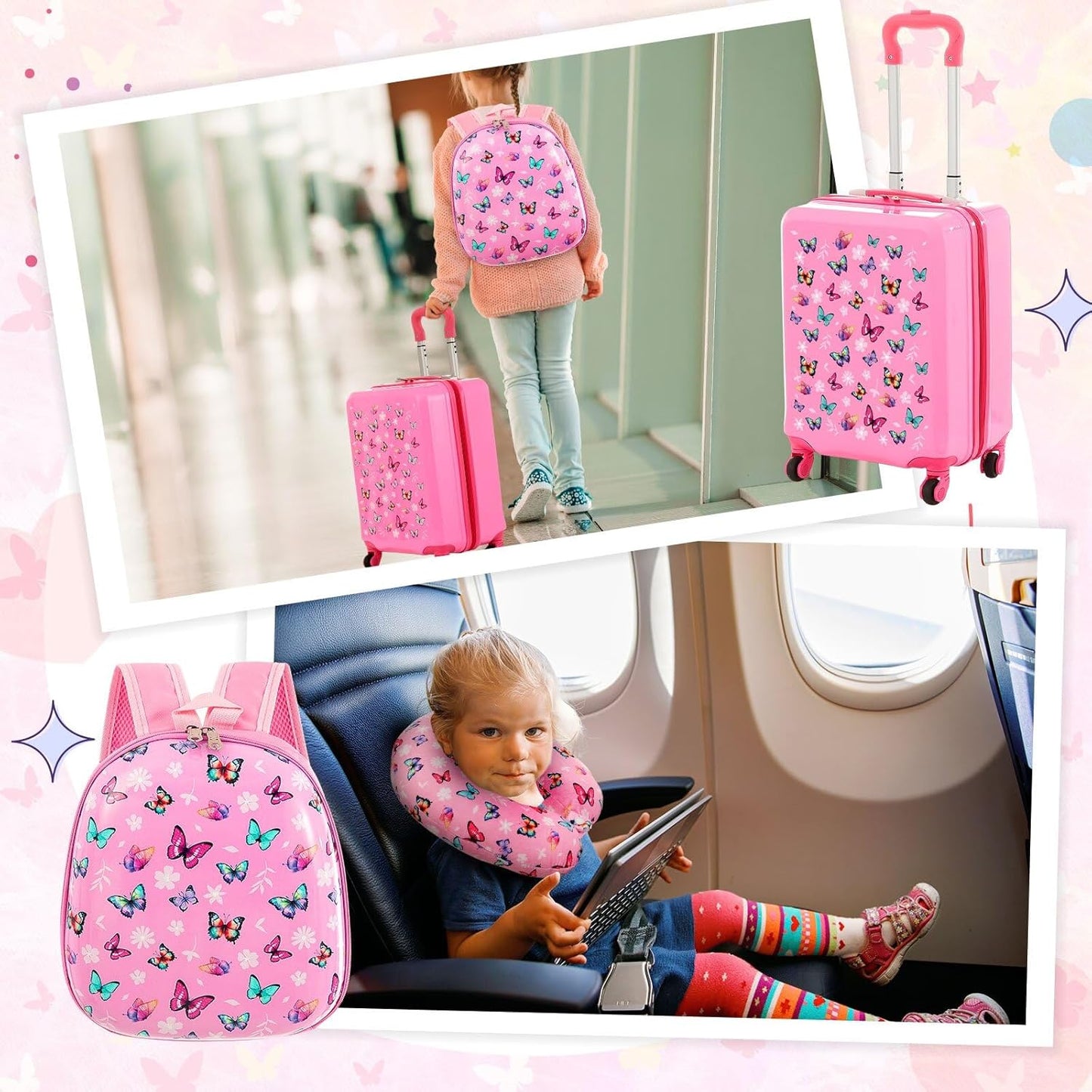 Sanwuta 4 Pcs Kids Luggage Set Kids Backpack Travel Rolling Suitcase with Wheels U-shape Pillow Childrens Gift for Girls Boys(17 Inch,Butterfly Style,Rose Pink)