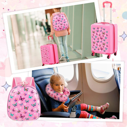 Sanwuta 4 Pcs Kids Luggage Set Kids Backpack Travel Rolling Suitcase with Wheels U-shape Pillow Childrens Gift for Girls Boys(17 Inch,Butterfly Style,Rose Pink)