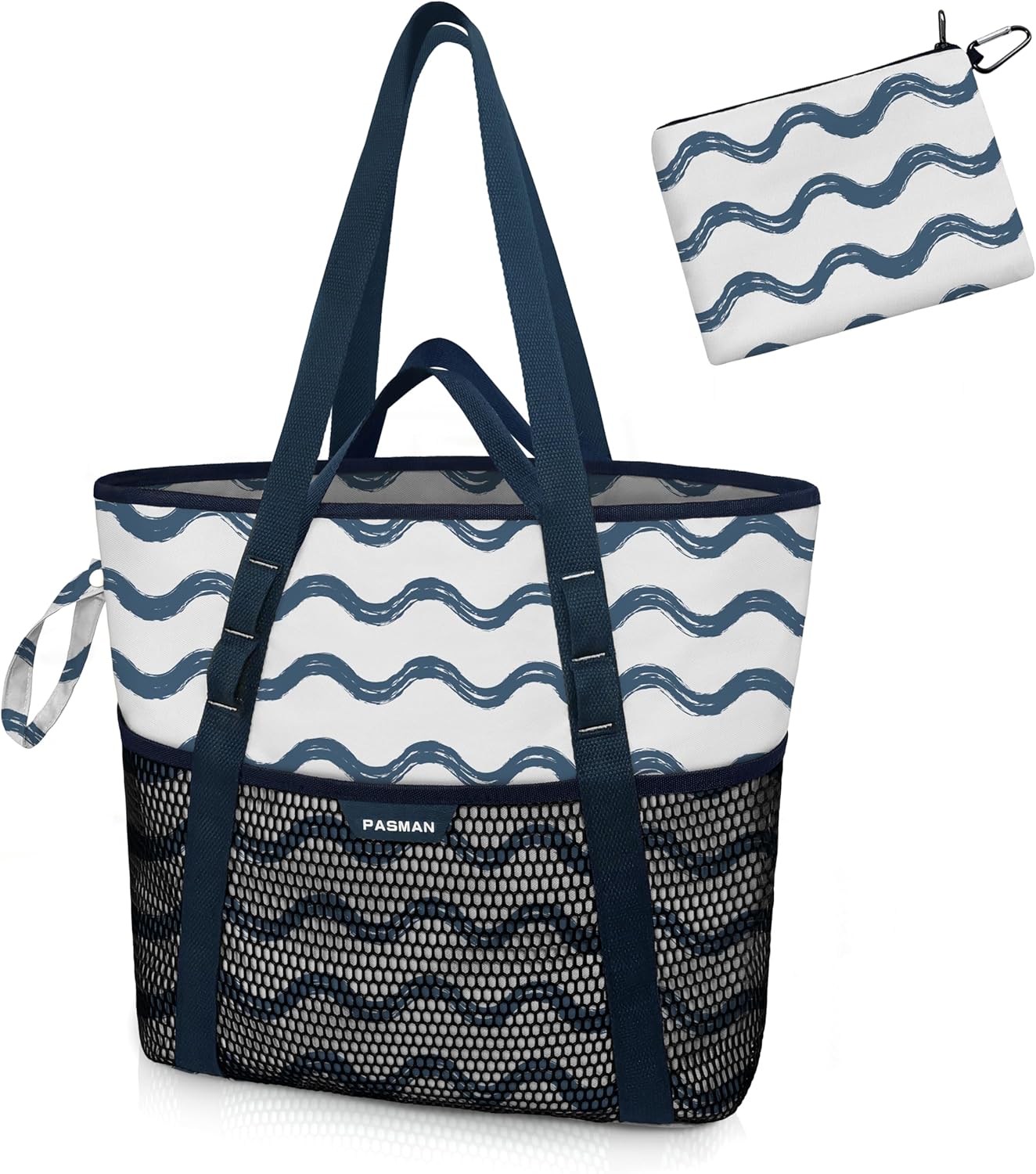 Beach Bag with Zipper - 8 Pockets Sandproof Beach Tote Bag for Women,Foldable Lightweight Family Swim Bag Vacation