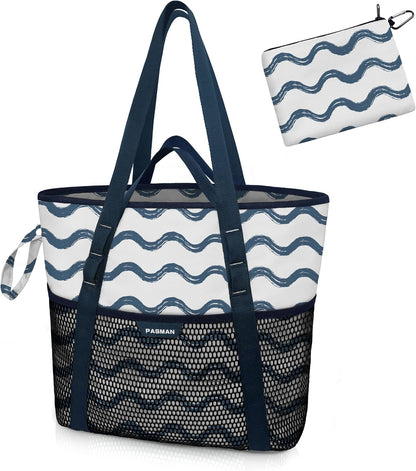 Beach Bag with Zipper - 8 Pockets Sandproof Beach Tote Bag for Women,Foldable Lightweight Family Swim Bag Vacation