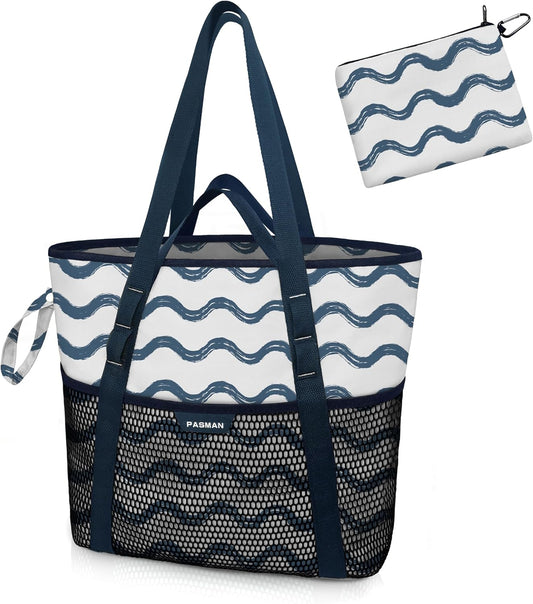 Beach Bag with Zipper - 8 Pockets Sandproof Beach Tote Bag for Women,Foldable Lightweight Family Swim Bag Vacation