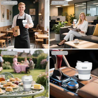 Silicone Collapsible Travel Mug Gray 15oz / 450ml - Leak-Proof Reusable Silicone Water Bottle for Hot and Cold Beverages - Travel Office and Home - Dishwasher Safe - Straw Included