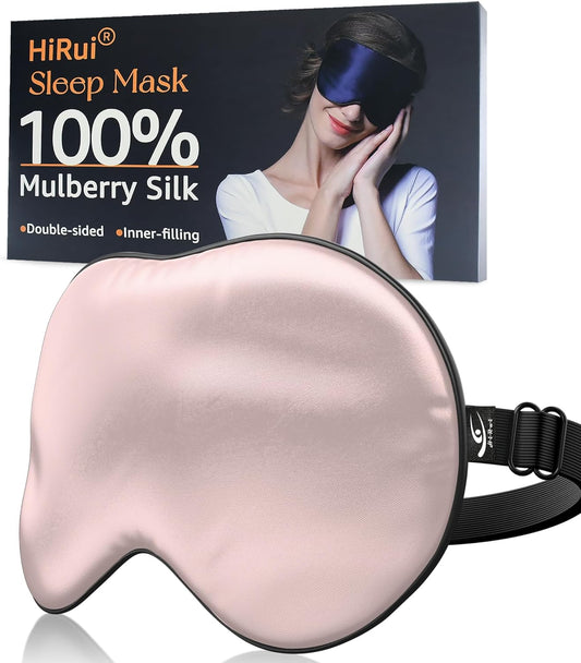HiRui Silk Sleep Mask, 100% Natural Mulberry Silk of Double-Sided & Inner-Filling, Ultra-Smooth Soft, Adjustable Strap, Blocks Light for Night Sleeping, Travel, Office Naps (Pink)