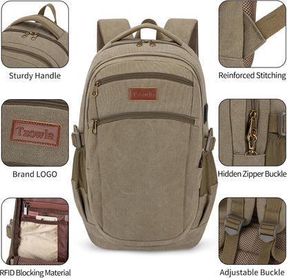 Tzowla Vintage Canvas Laptop Backpack for Men and Women,College Travel Work Rucksack with USB/Type-C Charging Port,Lightweight Bookbag Hiking Casual Daypack Backpacks Fit 15.6" Laptop(Olive Green)