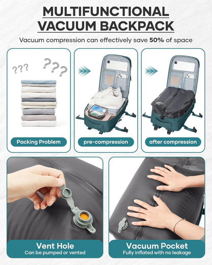 Vacuum Backpack Travel With Pump,Mochila De Viaje Compresion Al Vacio,Personal Item Travel Backpack With Vacuum System,Large Carry On Vacpack Backpacks For Women Men,Peacock Blue