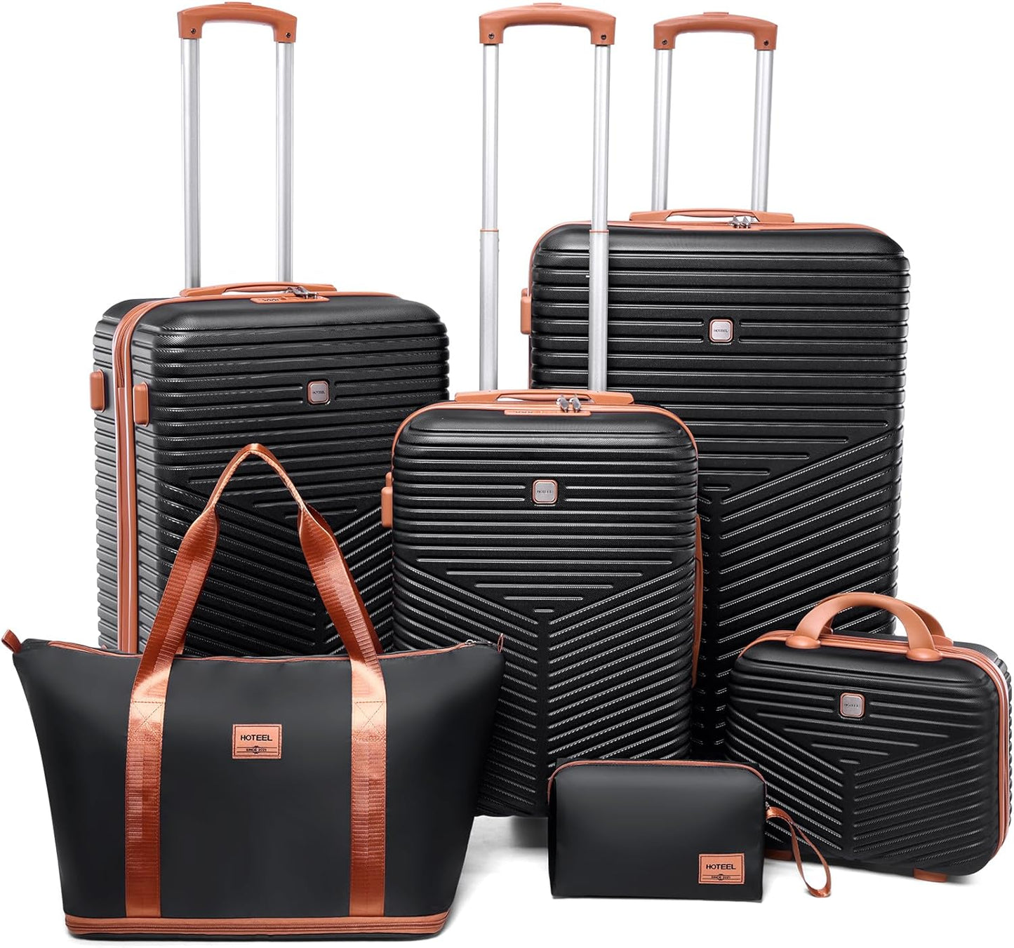 Hoteel 6 Piece Luggage Set (4-YEAR WARRANTY) Carry on ABS+PC Hard Shell Suitcase with Spinner Wheels & TSA Lock (Black)
