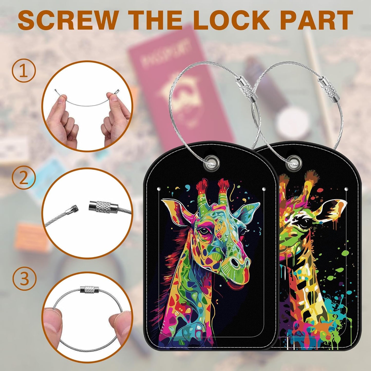 Bright Colourful Giraffe Leather Luggage Tag for Suitcase 2 Pack Luggage Tag with Privacy Name ID Label and Stainless Steel Loop for Travel Bag Suitcase