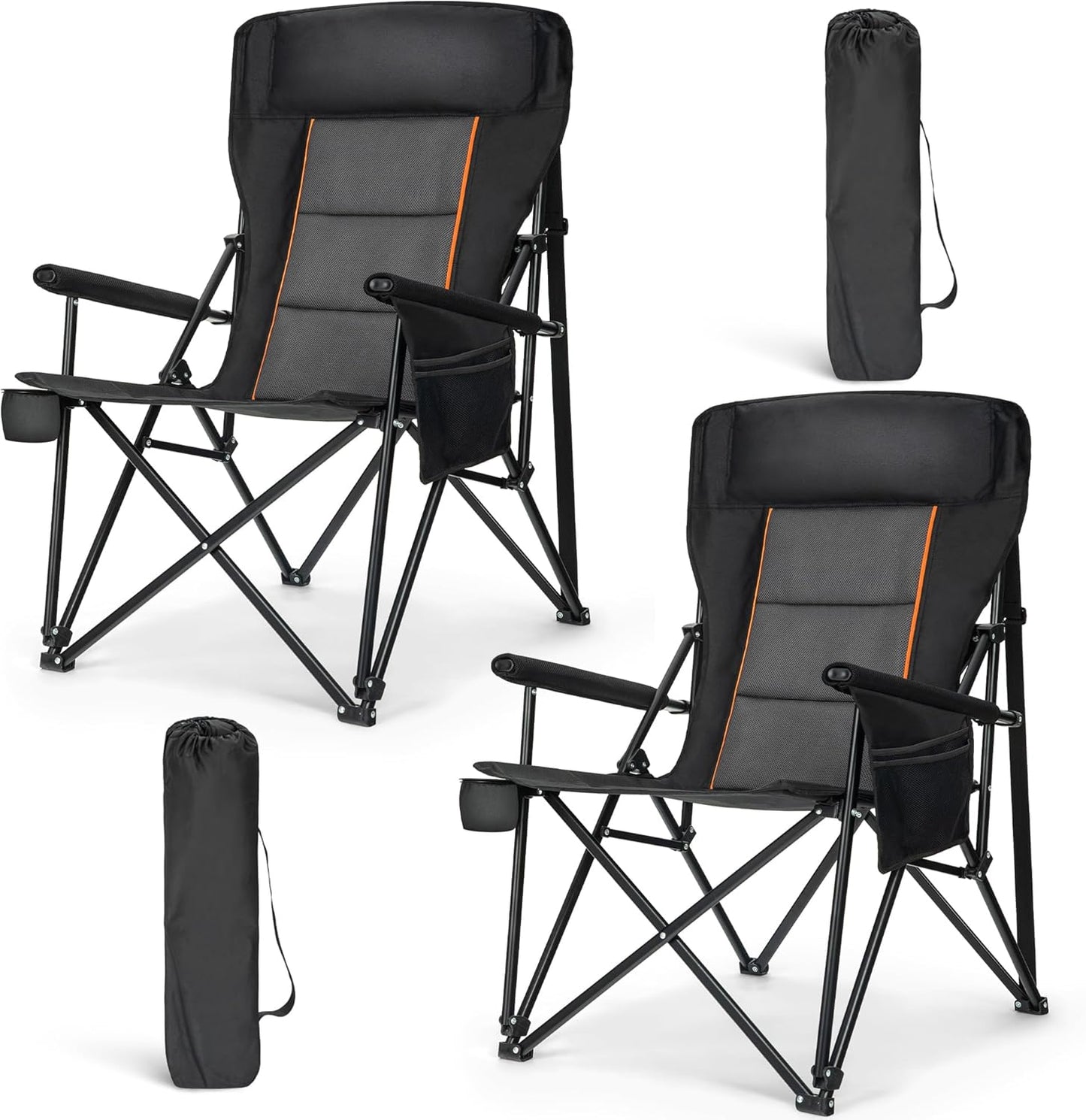 HIGH POINT SPORTS Oversized Folding Camping Chairs for Adults, High Backrest Heavy Duty Lawn Chairs Support 500 LBS Portable Collapsible Camp Chairs with Cup Holders,Side Pocket, 2 Pack, Black