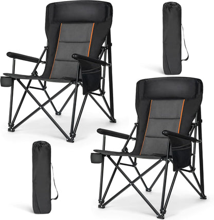 HIGH POINT SPORTS Oversized Folding Camping Chairs for Adults, High Backrest Heavy Duty Lawn Chairs Support 500 LBS Portable Collapsible Camp Chairs with Cup Holders,Side Pocket, 2 Pack, Black