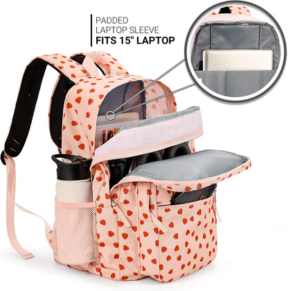 ZORFIN 26L Backpack for College, and Travel: Water Resistant Bookbag - Heart-shaped Strawberry pink