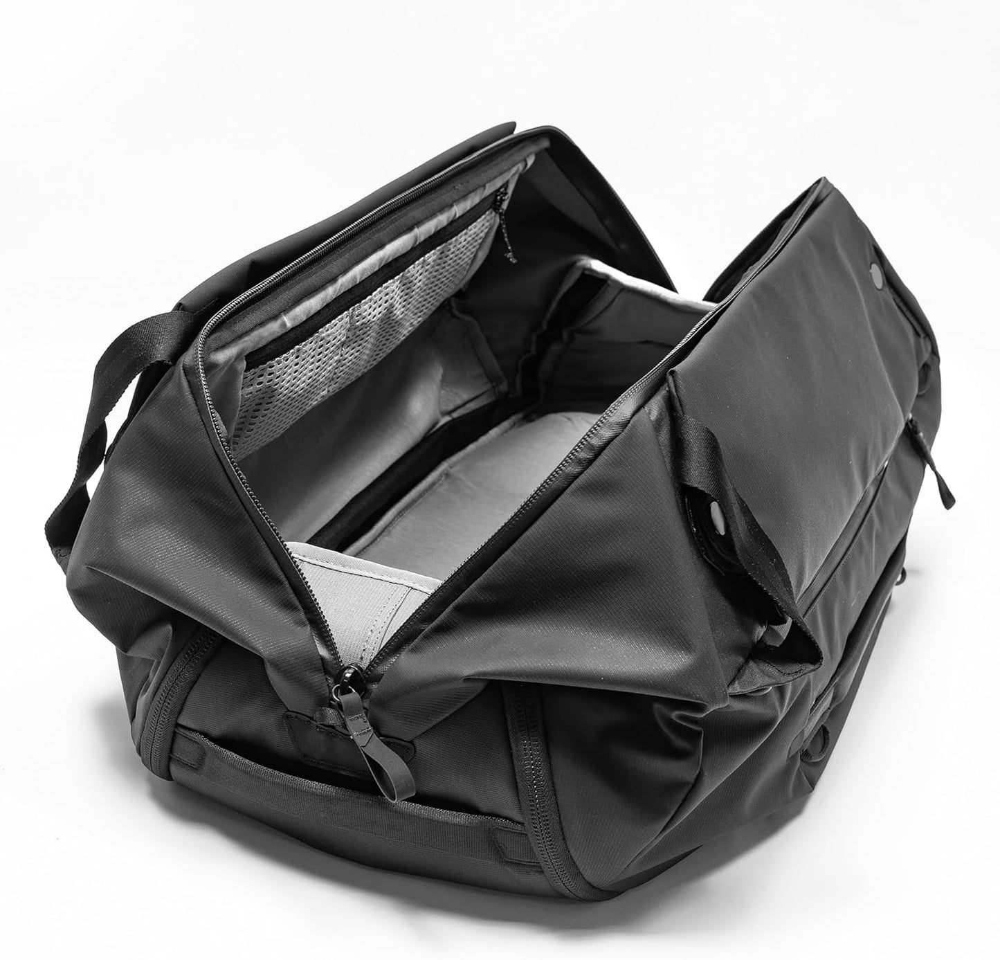 Peak Design Travel Duffelpack 45-65L, Black, Weatherproof Duffel Backpack, Expandable Design, Extra-Long Zip Path, Stowable Straps, Fits Packing Cubes and Camera Cubes, Versatile Duffel Bag for Travel