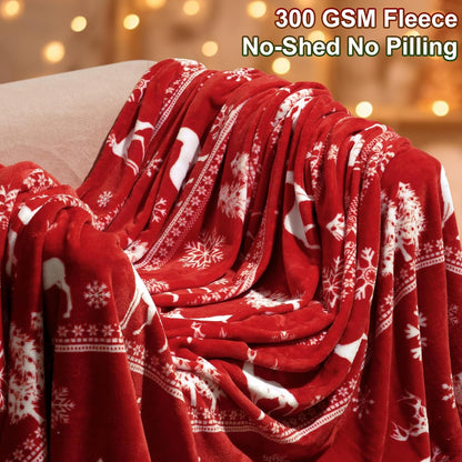 PHF Printed Fleece Blanket Queen Size, No Shed No Pilling Ultra Soft Plush Cozy Xmas Prints Theme Home Décor Flannel Blanket for Bed, Sofa, Couch and Gift, 90 "x 90", Reindeer and Trees, Red