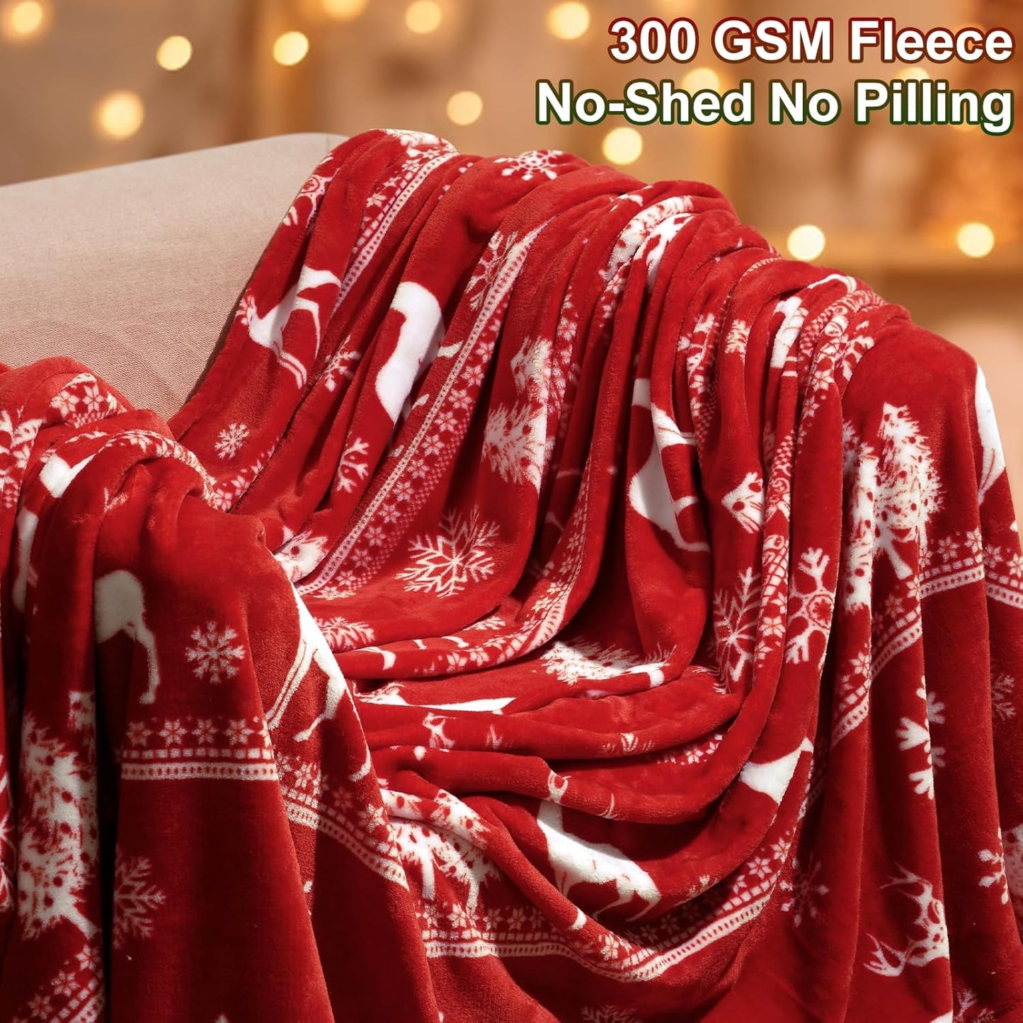PHF Printed Fleece Blanket Twin Size, No Shed No Pilling Ultra Soft Plush Cozy Xmas Prints Theme Home Décor Flannel Blanket for Bed, Sofa, Couch and Gift, 66" x 90", Reindeer and Trees, Red