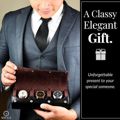 Watch Roll Case Organizer - Watch Travel Case for Men and Women - 3 Watch Carrying Case and Display - Jade Black with Mahogany Brown Interior Vegan Leather