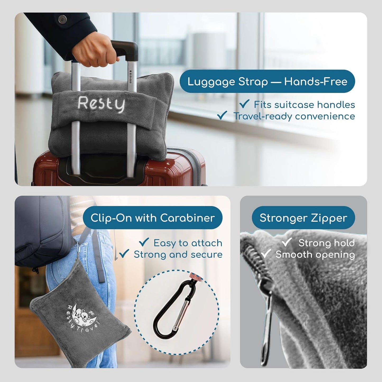 Resty 65"x40" Traveling Airplane Blanket, Deep Gray – Lightweight, Velvety Soft Blanket That Becomes a Travel Pillow – Must-Have Comfort for Planes & Road Trips – Travel Essentials for Women & Men