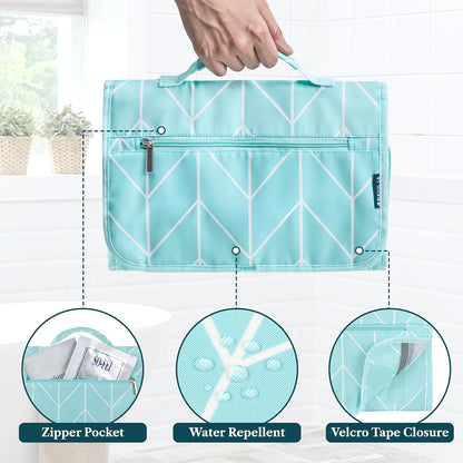PAVILIA Hanging Toiletry Bag Women Men, Travel Kit Foldable Large Toiletries Organizer, Roll up Cosmetics Makeup Bag Accessories, Waterproof Essentials Jewelry Case (Teal Chevron)