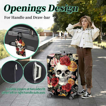 Luggage Cover Suitcase Protector Plus 1 Luggage Tag, Sugar Rose Skull Travel Suitcase Cover for 26-28 inch Luggage (L) with Concealed Zipper Washable Elastic Cloth Dustproof Anti-Scratch