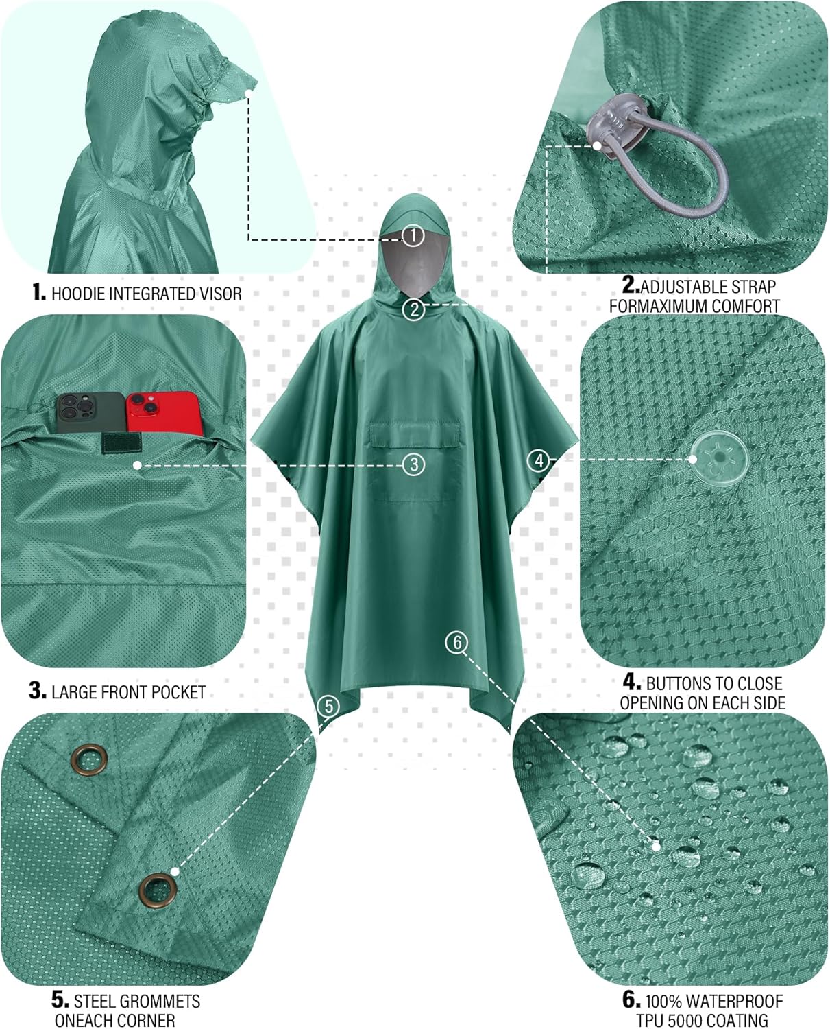 iCreek Hooded Rain Poncho with Pocket Waterproof Lightweight Unisex Raincoat Jacket for Hiking, Camping, Outdoor