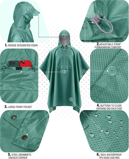 iCreek Hooded Rain Poncho with Pocket Waterproof Lightweight Unisex Raincoat Jacket for Hiking, Camping, Outdoor