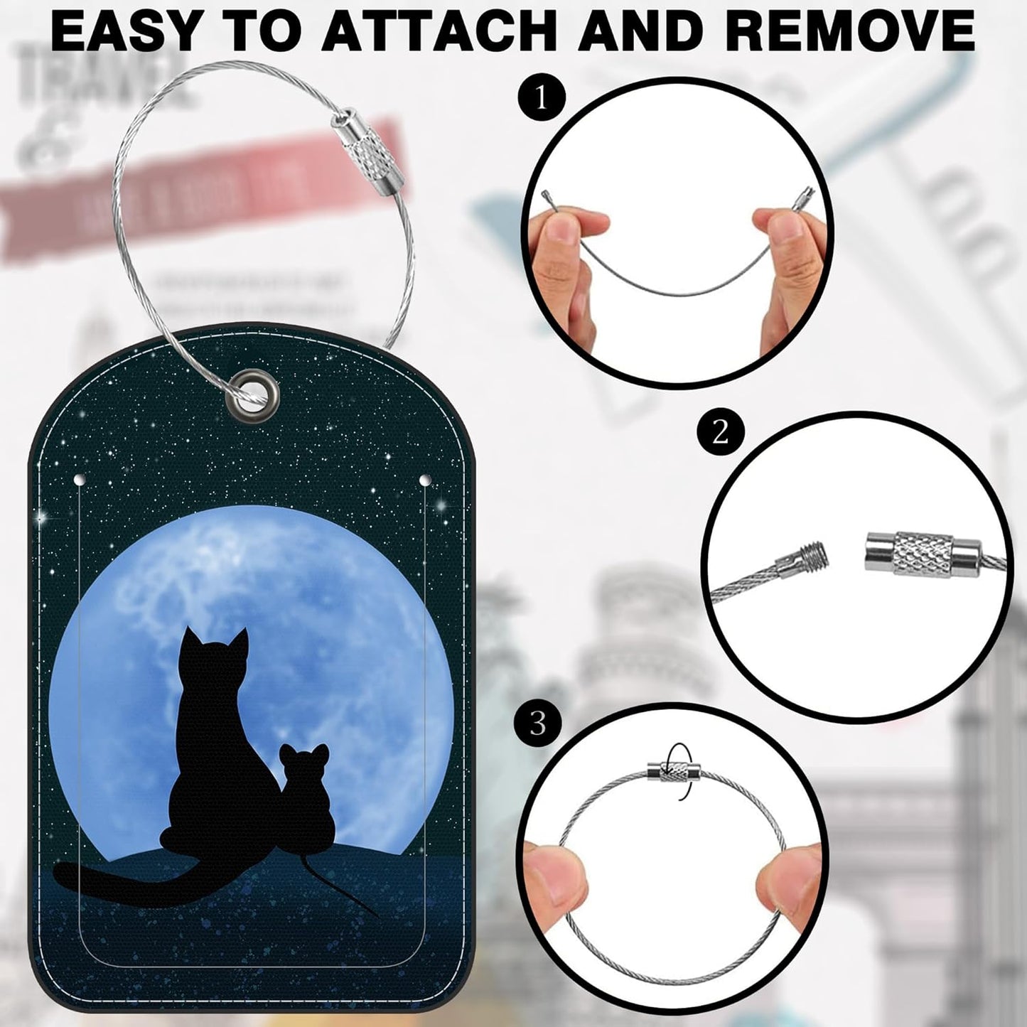 2 Pack Luggage Tag for Suitcase Cat Under The Moon Leather Suitcase Tags with Privacy Name ID Label and Stainless Steel Loop for Travel Bag