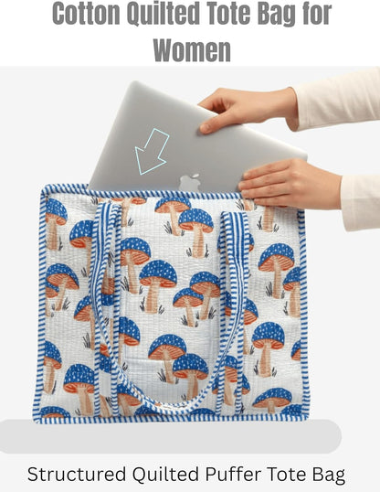 Cotton Quilted Tote Bag for Women – Large Beach & Travel Tote with Zipper, Reusable Grocery Bag