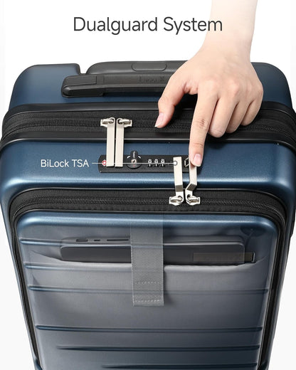 LUGGEX Carry On Luggage 22x14x9 Airline Approved, Expandable Polycarbonate Suitcase with Front Pocket (Blue, 20 Inch, 35L)