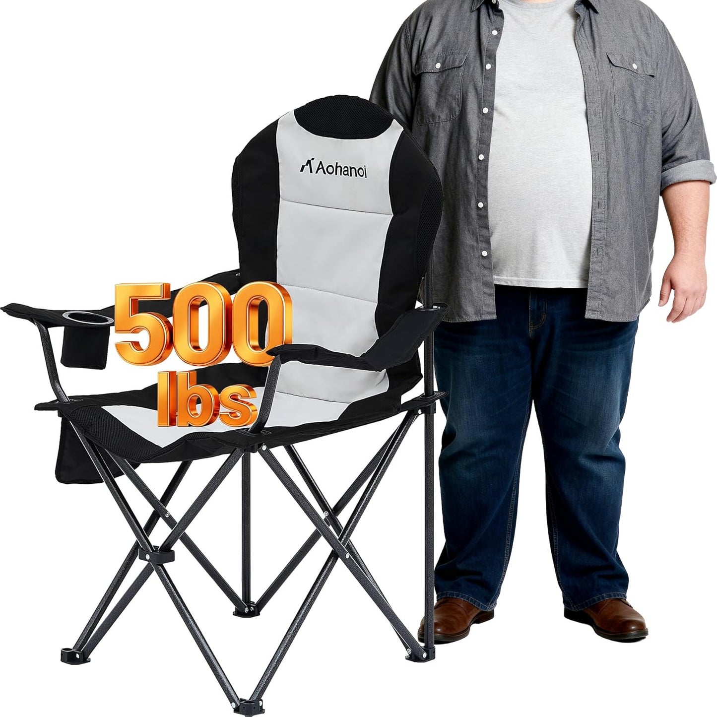 Camping Chairs for Heavy People, Folding Chairs for Outside Outdoor Folding Chairs with Cup Holder & Cooler Bag, Camp Chairs Supports up to 500lbs(2 PC, Black White)