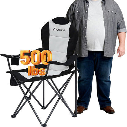 Camping Chairs for Heavy People, Folding Chairs for Outside Outdoor Folding Chairs with Cup Holder & Cooler Bag, Camp Chairs Supports up to 500lbs(2 PC, Black White)