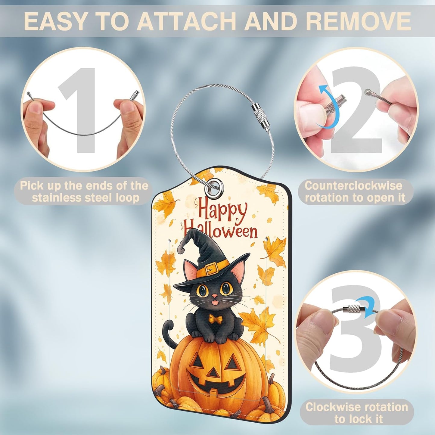 Halloween 2 Pack Luggage Tags for Suitcases Cute Black Cat on Pumpkin Leather Luggage Tags Privacy Cover ID Label with Stainless Steel Loop and Address Card for Women Men Travel Bag Backpack