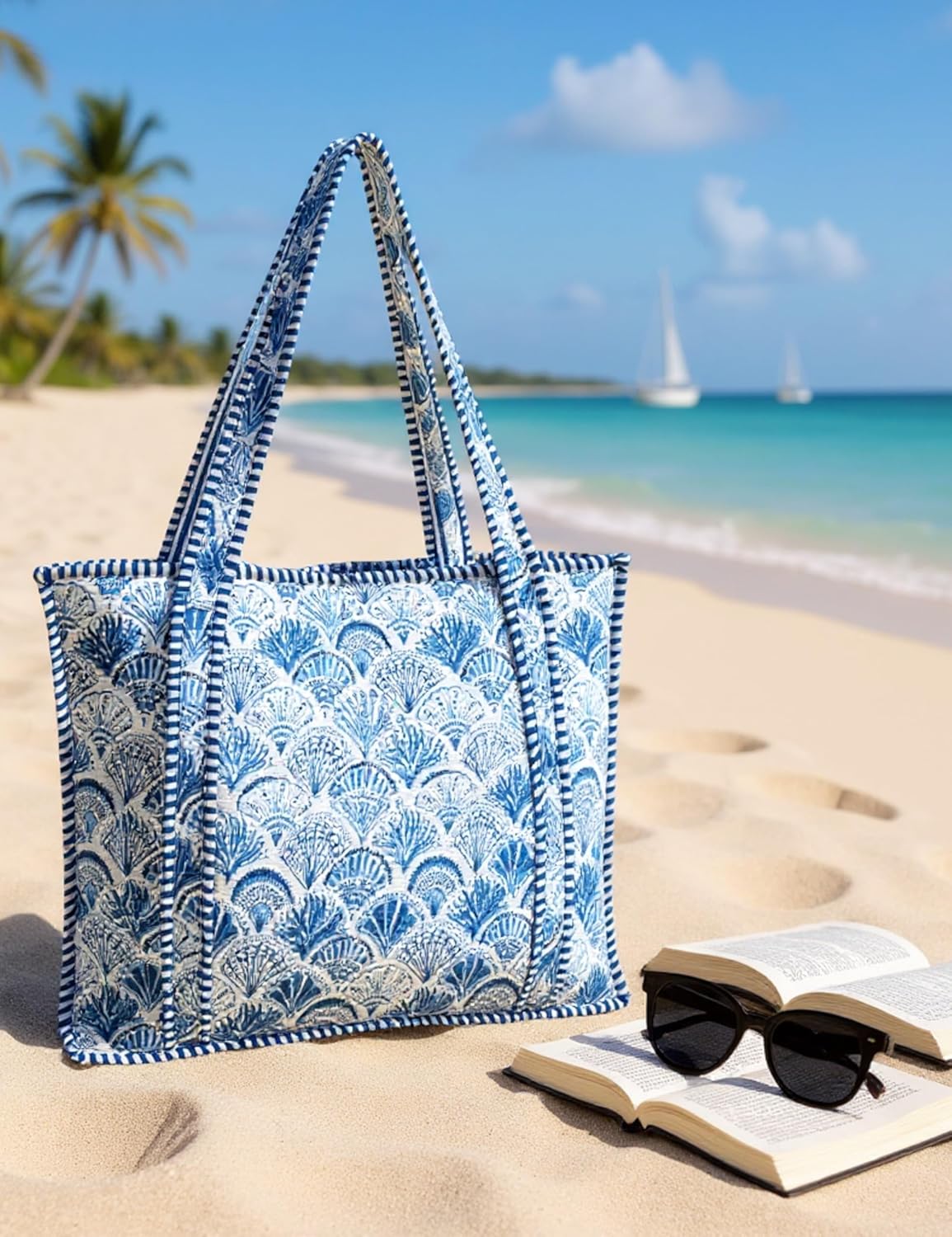 Cotton Quilted Tote Bag for Women – Large Beach & Travel Tote with Zipper, Reusable Grocery Bag