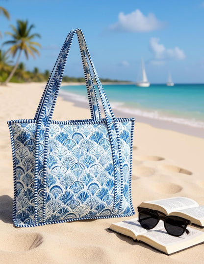 Cotton Quilted Tote Bag for Women – Large Beach & Travel Tote with Zipper, Reusable Grocery Bag