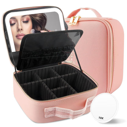 MOMIRA Travel Makeup Bag Cosmetic Bag with Lighted Mirror, Adjustable Brightness in 3 Color Scenarios, Waterproof, 10x Magnifying Mirror, Rotatable Independent Light Mirror- Pink(Solid)
