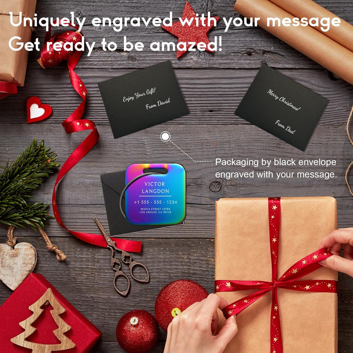Stainless Luggage Tags for Suitcases: Metal Personalized Luggage Tags and Bags with Customizable Texts (Rainbow)
