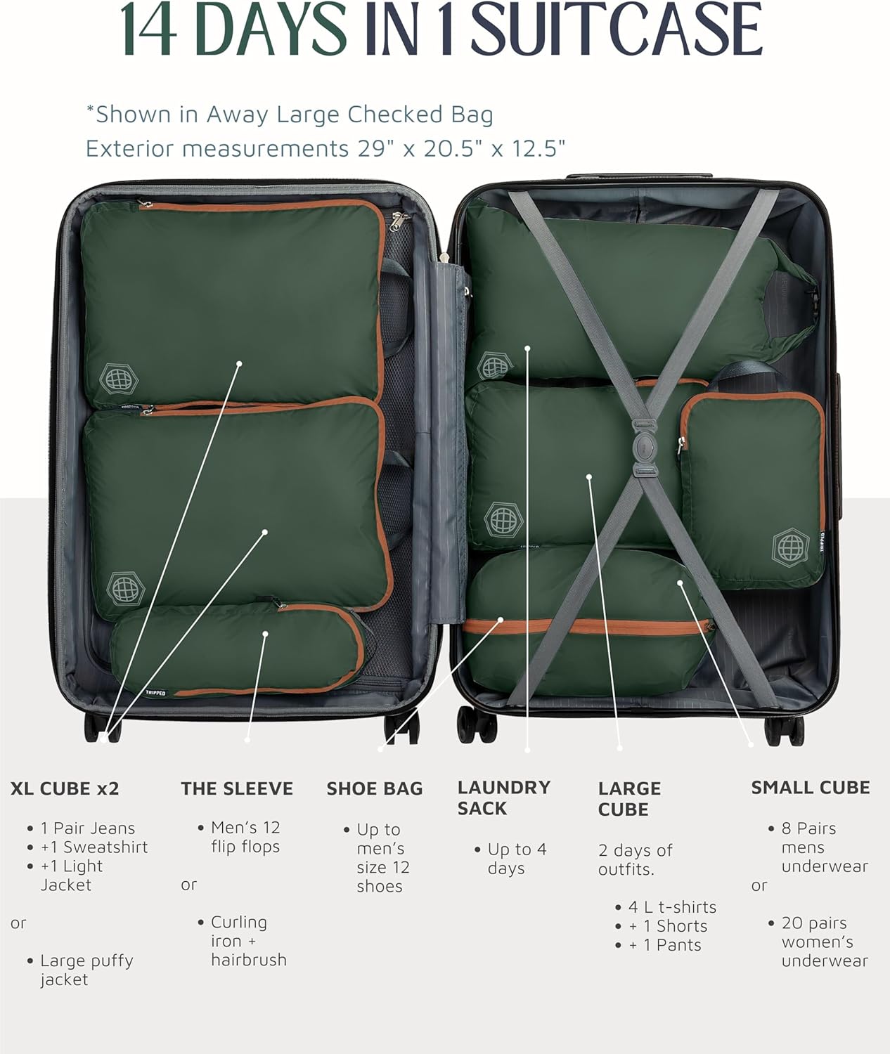 Large Compression Packing Cubes for Travel-Packing Cube Luggage Organizers 7 Piece Set for Checked Luggage-Ultralight, Expandable/Compression Bags by TRIPPED Travel Gear (Green and Brown)