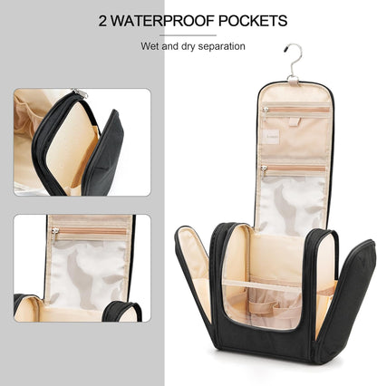 Hanging Travel Toiletry Bag for Women and Men, 6 Organizer Compartments, Large Toiletries essentials, Bathroom Cosmetic Accessories, Water-resistant Makeup Bag, Holds Full-Size Shampoo, Black
